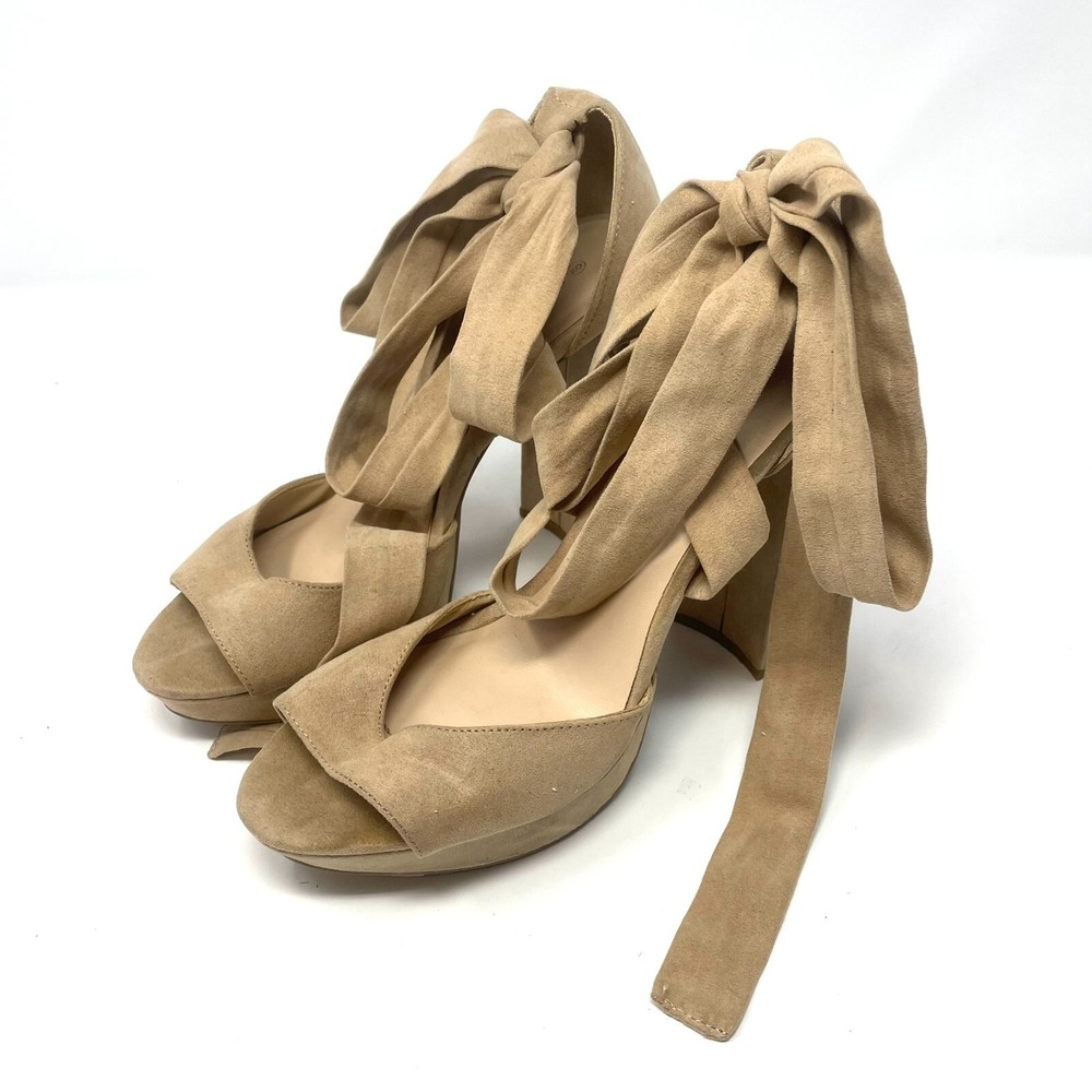 Wild Diva‎ Lounge Mia-32 Faux Suede Nude Block Heel Platform Sandals Lace Up 9